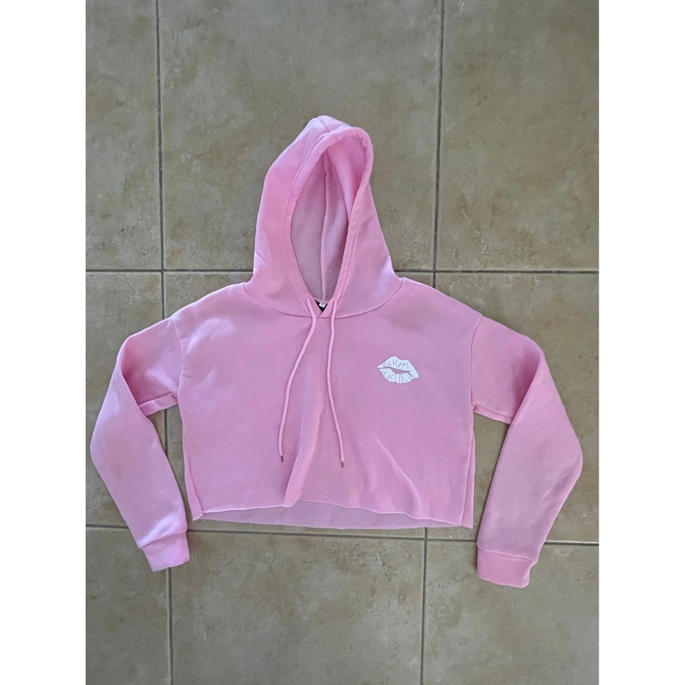 Pink Cropped Hoodie Lipstick Kiss Graphic Cute Pullover Sweatshirt Size L